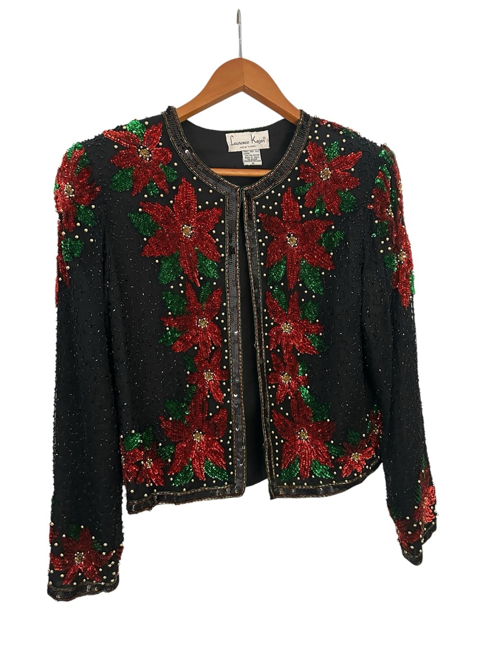 VTG Laurence Kazar Silk Beaded Poinsettia Jacket M